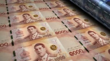 Tayland Baht parası para basma makinesini finanse ediyor. Kâğıt THB banknot baskısı 3D döngü kusursuz. Tayland 'da bankacılık, borç, gelir, finans, ekonomi ve kriz gibi soyut kavramlar.