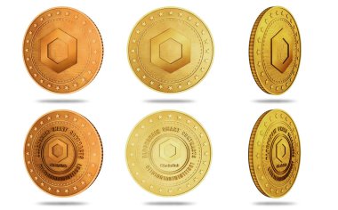 Zincirleme bağlantı şifreleme sembolü yeşil ekran arka planında izole edilmiş altın sikke. Soyut konsept çizimi.