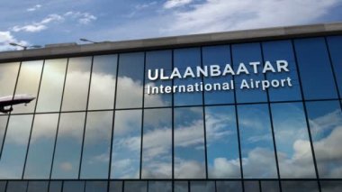 Moğolistan, Ulaanbaatar 'a iniş yapan bir jet uçağı animasyonu canlandırıyor. Cam havaalanı terminali ve uçağın yansıması ile şehre varış. Seyahat, iş, turizm ve ulaşım kavramı.
