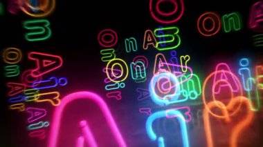Hava neon sembolü üzerinde. Canlı radyo sinyali olan renkli ampuller. Tünel animasyonundan geçen soyut konsept 3D.
