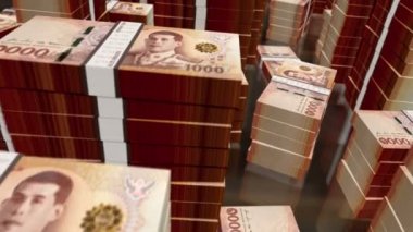Tayland Baht para paketleri döngüsü. THB 'nin 3D uçuşu kuleleri desteler. Tayland 'da iş dünyası, ekonomik kriz, ekonomik durgunluk ve finans gibi döngüsüz, pürüzsüz ve soyut arka plan kavramları.