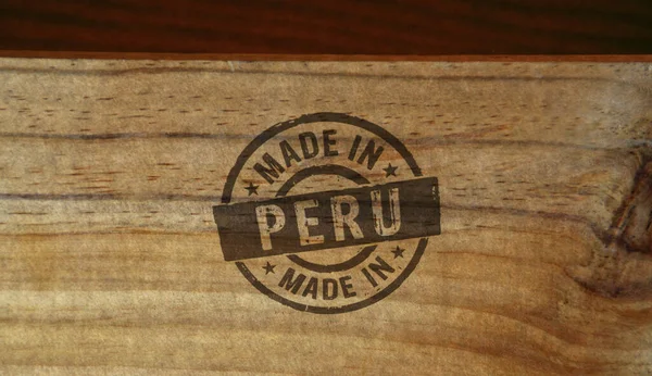 Sello Fabricado Perú Impreso Caja Madera Concepto País Fábrica Fabricación —  Fotos de Stock