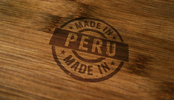 Sello Fabricado Perú Impreso Caja Madera Concepto País Fábrica Fabricación — Foto de Stock