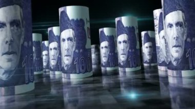 Pakistan Rupileri 3D animasyon döngüsü. Masada para var. Pakistan 'da ekonomi, finans, ticaret, durgunluk ve borç gibi kusursuz ve döngüsüz bir kavram. PKR arasındaki kamera banknotları yuvarladı.