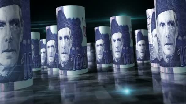巴基斯坦卢比滚回圈3D动画 钱在桌子上 巴基斯坦的经济 衰退和债务的无缝隙和脆弱的抽象概念 Pkr滚动式钞票之间的照相机 — 图库视频影像