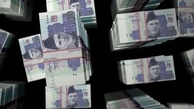 Pakistan Rupisi para paketi döngüsü. PKR banknotları üzerinden uçuş üst görünümü destekler. Üç boyutlu, kusursuz bir animasyon. Pakistan 'da soyut ekonomi, kriz, iş ve finans kavramı.