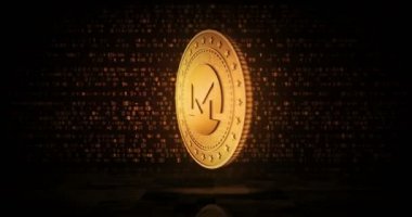 Monero, XMR şifreli altın para çevrilebilir dijital arka planda. Üç boyutlu kusursuz döngü konsepti. Dönen altın metal döngüsü soyut animasyon.