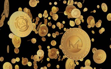 Monero XMR kripto para sembolü yeşil ekranda altın para. Soyut konsept 3d illüstrasyon.