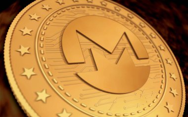 Monero XMR kripto para sembolü yeşil ekranda altın para. Soyut konsept 3d illüstrasyon.