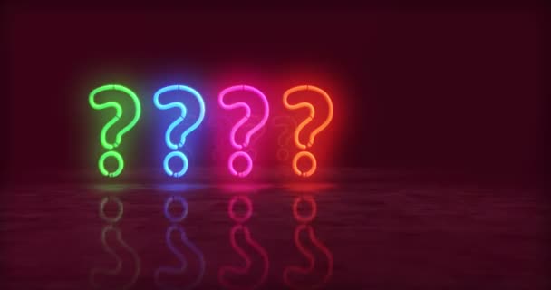 Fragezeichen Neonsymbol Glühbirnen Mit Quizzeichen Abstraktes Konzept Fliegt Durch Die — Stockvideo