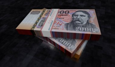 Macar Forint para paketi 3D illüstrasyon. HUF banknot desteleri. Macaristan 'da finans, nakit, ekonomi krizi, iş başarısı, durgunluk, banka, vergi ve borç kavramı.