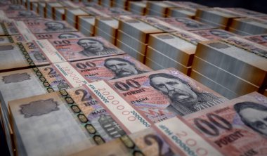 Macar Forint para paketi 3D illüstrasyon. HUF banknot desteleri. Macaristan 'da finans, nakit, ekonomi krizi, iş başarısı, durgunluk, banka, vergi ve borç kavramı.