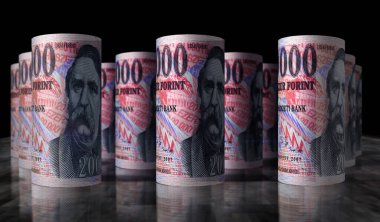 Macar Forint para paketi 3D illüstrasyon. HUF banknot desteleri. Macaristan 'da finans, nakit, ekonomi krizi, iş başarısı, durgunluk, banka, vergi ve borç kavramı.