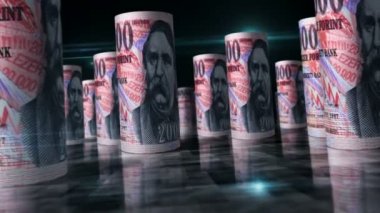 Macar Forint ruloları 3D döngü animasyonu. Masada para var. Macaristan 'da ekonomi, finans, ticaret, durgunluk ve borç gibi kusursuz ve döngüsüz bir kavram. HUF arasındaki kamera banknotları yuvarladı.