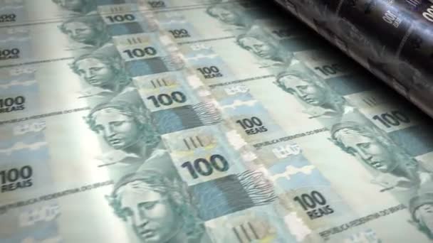 Brazylijskie Banknoty Prawdziwe Pieniądze Maszyny Drukowania Rolki Papier Brl Banknot — Wideo stockowe