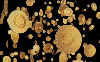 Dai ahır bozuk para kripto para sembolü yeşil ekranda altın para. Soyut konsept 3d illüstrasyon.