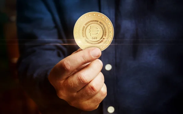 Dai Stablecoin Cryptocurrency Symbol Golden Coin Hand Abstract Concept — Stock Photo, Image