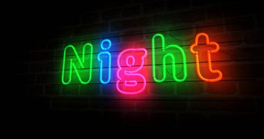 Gece neon sembolü. Renkli ampuller. Soyut konsept 3d illüstrasyon.