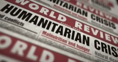 İnsani kriz haberleri, kıtlık ve açlık felaketleri günlük gazete raporları. Soyut konsept retro 3d pürüzsüz döngü.