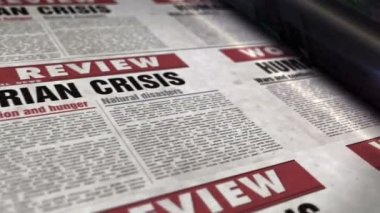 İnsani kriz haberleri, kıtlık ve açlık felaketleri. Günlük gazete haberleri. Soyut konsept 3D renklendirme kusursuz döngülü animasyon.