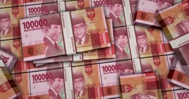 Endonezya Rupiah 'ı 3D animasyonu finanse ediyor. Kamera görüntüsü şehirlerarası. HUF para paketleri. Enflasyon, ekonomi, kriz, iş, bankacılık, borç ve finans kavramı.