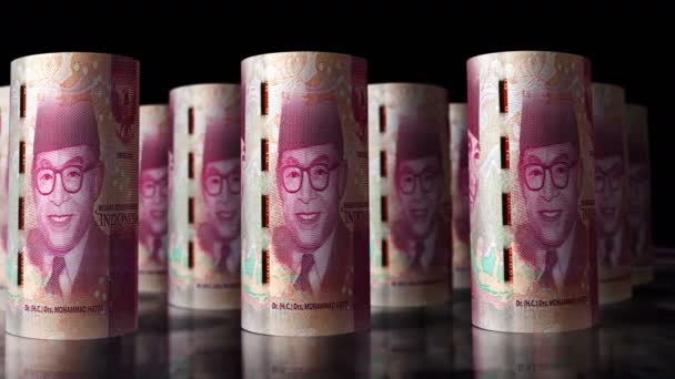 インドネシアルピアのお金はループ3Dアニメーションをロールします Idr圧延銀行券の前にカメラを移動します インドネシアの経済 ビジネス 債務のシームレスなループ可能な概念 — ストック動画