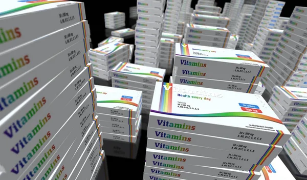 Línea Producción Cajas Tabletas Vitaminas Suplemento Salud Píldoras Fábrica Concepto — Foto de Stock