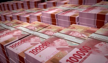 Endonezya Rupiah para paketi 3D resim. HUF banknot desteleri. Endonezya 'da finans, nakit, ekonomi krizi, iş başarısı, durgunluk, banka, vergi ve borç kavramı.