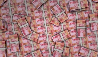 Endonezya Rupiah para paketi 3D resim. HUF banknot desteleri. Endonezya 'da finans, nakit, ekonomi krizi, iş başarısı, durgunluk, banka, vergi ve borç kavramı.