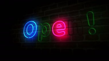 Neon tuğlalı duvarı açın. Renkli ampuller. Soyut konsept 3d animasyon.