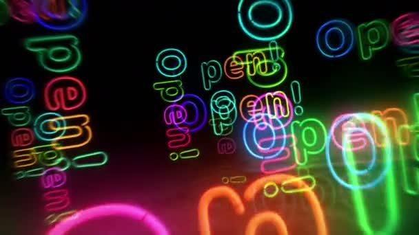 Offenes Neonsymbol Glühbirnen Abstraktes Nahtloses Und Lückenloses Konzept Fliegt Durch — Stockvideo