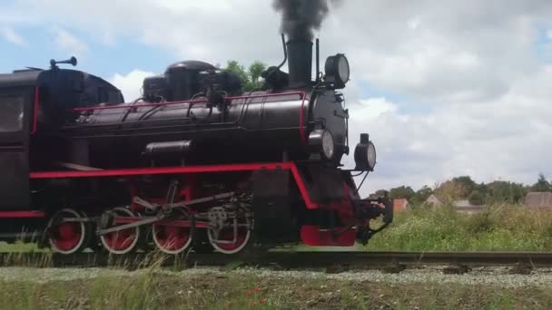 Παλιά Ατμομηχανή Κινείται Στο Μονοπάτι Στενή Μηχανή Ατμού Σιδηροδρομική Διαδρομή — Αρχείο Βίντεο