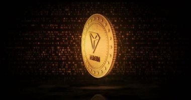 Tron, TRX şifreleme altın sikkesi çevrilebilir dijital arka planda. Üç boyutlu kusursuz döngü konsepti. Dönen altın metal döngüsü soyut animasyon.