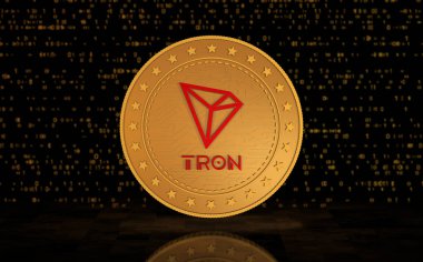 Tron TRX kripto para sembolü yeşil ekran arka planında altın sikke. Soyut konsept 3d illüstrasyon.