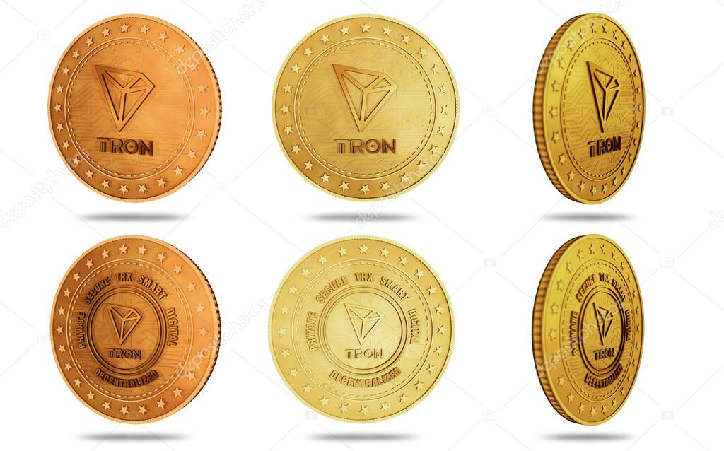 Tron TRX cryptocurrency symbol isolated gold coin on green screen background. Abstract concept illustration.