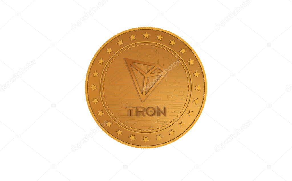 Tron TRX cryptocurrency symbol isolated gold coin on green screen background. Abstract concept illustration.