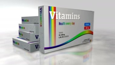 Vitamin hapları kutusu. Sağlık destek hapları paketi. Soyut kavram 3D canlandırma animasyonu. Kamera hareket ederken 3 boyutlu görüntü.