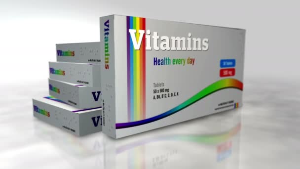 Vitamintabletten Box Nahrungsergänzungstabletten Packung Abstraktes Konzept Rendering Animation Ansicht Mit — Stockvideo