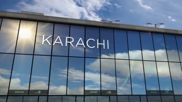 Karachi Pakistan Jet Uçağı Iniyor Boyutlu Animasyon Cam Havaalanı Terminali — Stok video
