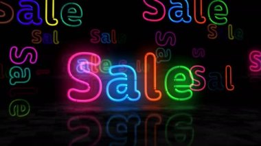 İndirimli neon parlayan sembol. Renkli ampuller. Siber Pazartesi ve Kara Cuma tanıtımı soyut kavram 3D animasyonu.