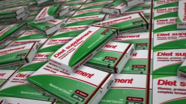 Diyet destek tabletleri üretim hattı. Sağlık vitamin hapları fabrikası. Soyut kavram 3d biçimlendirilebilir döngüsüz canlandırma.