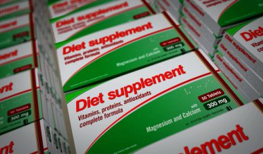Diyet destek tabletleri üretim hattı. Sağlık vitamin hapları fabrikası. Soyut konsept 3D resimleme.