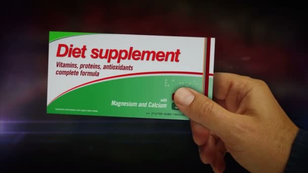Suplemento Dietético Comprimidos Caixa Mão Saúde Pílulas Vitamina Pack Abstrato — Vídeo de Stock