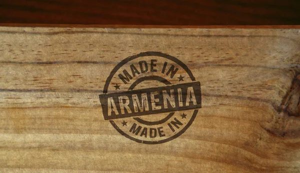 Sello Hecho Armenia Impreso Caja Madera Concepto País Fábrica Fabricación —  Fotos de Stock