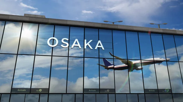 Aeronaves Pousando Osaka Japão Ilustração Renderização Chegada Cidade Com Terminal — Fotografia de Stock