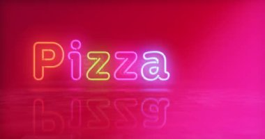 Pizza neon symbol. Light color bulbs. Street food and italian restaurant abstract seamless and loopable concept. 3d flying through the tunnel animation.