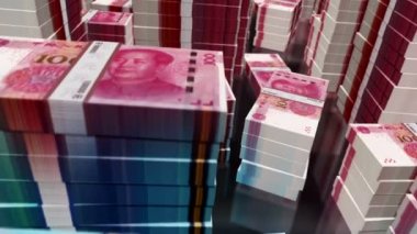 Taiwan Dollar and Chinese Yuan Renminbi money notes pack loop. Concept of economy, power, conflict, crisis and finance. 3D flight over TWD and RMB banknotes loopable seamless animation.