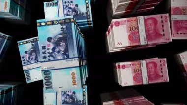 Taiwan Dollar and Chinese Yuan Renminbi money notes pack loop. Concept of economy, trade, conflict, crisis and finance. TWD and RMB Loopable seamless 3d animation.