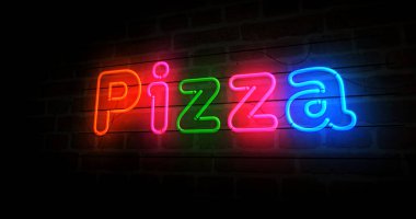Pizza discount neon symbol. Street food and italian restaurant light color bulbs. Abstract concept 3d illustration.