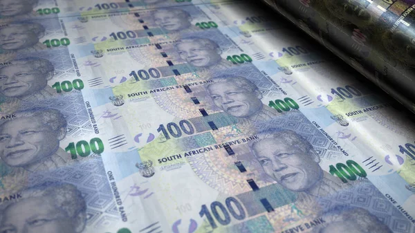 South Africa Rand money print 3d illustration. ZAR banknote printing. Concept of finance, cash, economy crisis, business success, recession, bank, tax and debt.